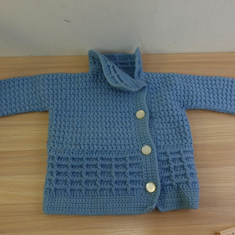 Vintage High Neck Cardigan‎ Toddler 12M Blue Waffle Aran Crochet Wool Handmade
